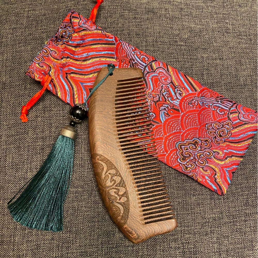 Elegant Wooden carved Comb with Teal Tassel and patterned pouch
